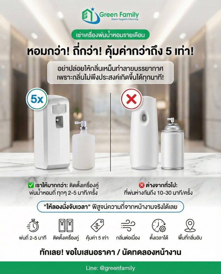 เช่าเครื่องพ่นน้ำหอมรายเดือน Green Family ติดตั้งเครื่องคู่ พ่นทุก 2–5 นาที หอมกว่า ถี่กว่าเครื่องพ่นทั่วไป